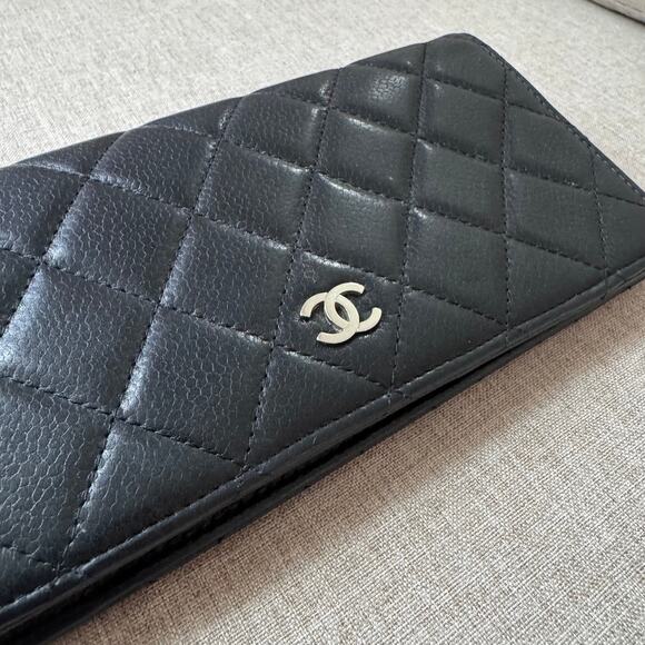 Chanel Black L Yen Wallet Caviar Quilted Lambskin Two Fold Long Continental - Picture 3 of 9